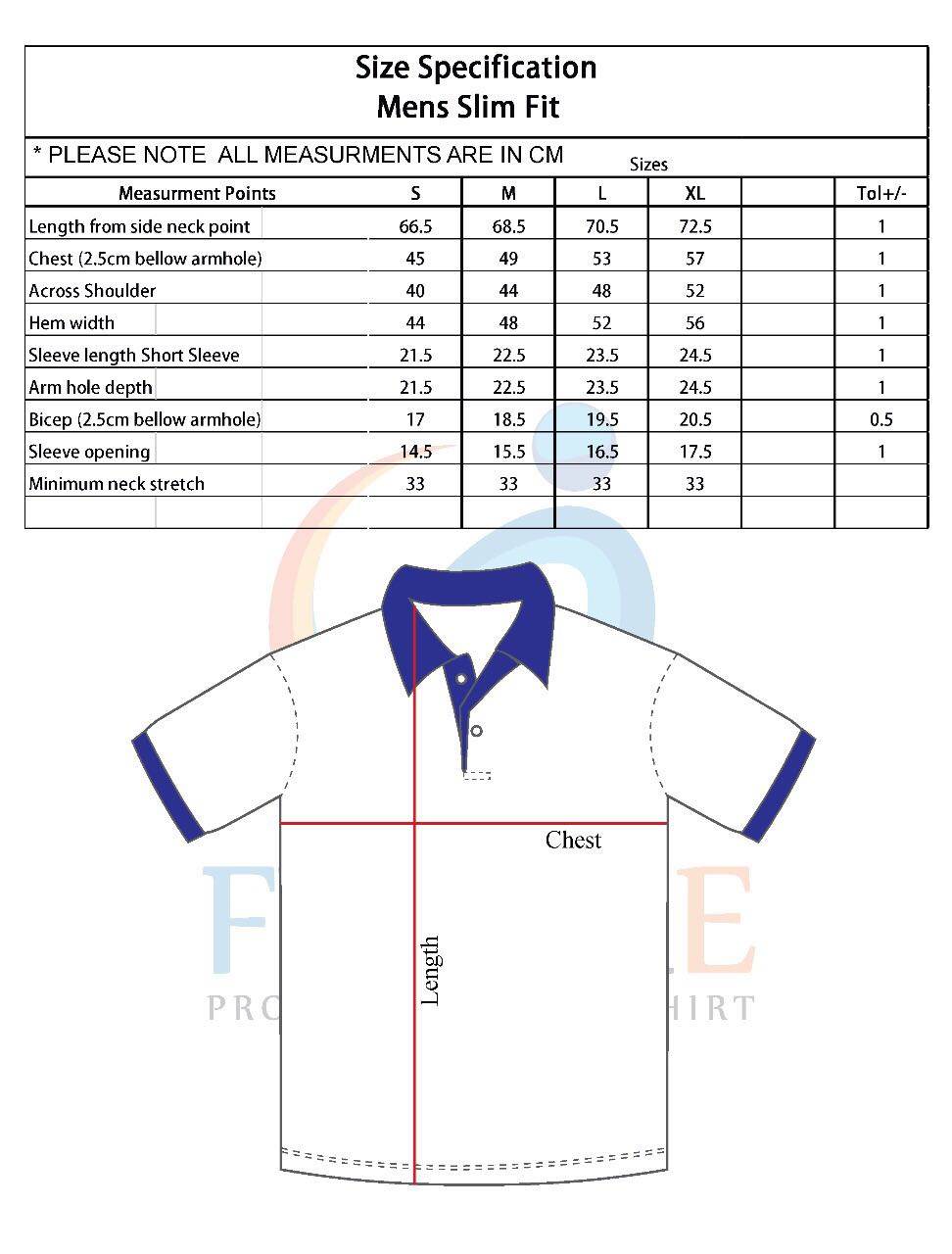 Men's Slim Fit size specification: measurements in cm for sizes S, M, L, XL across length, chest, shoulder, hem, sleeve, arm hole, bicep, sleeve opening and neck stretch